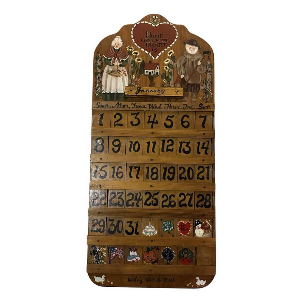 Vintage Hand Painted Wooden Perpetual Calendar Wall Plaque Folk Art 23.5”x11”